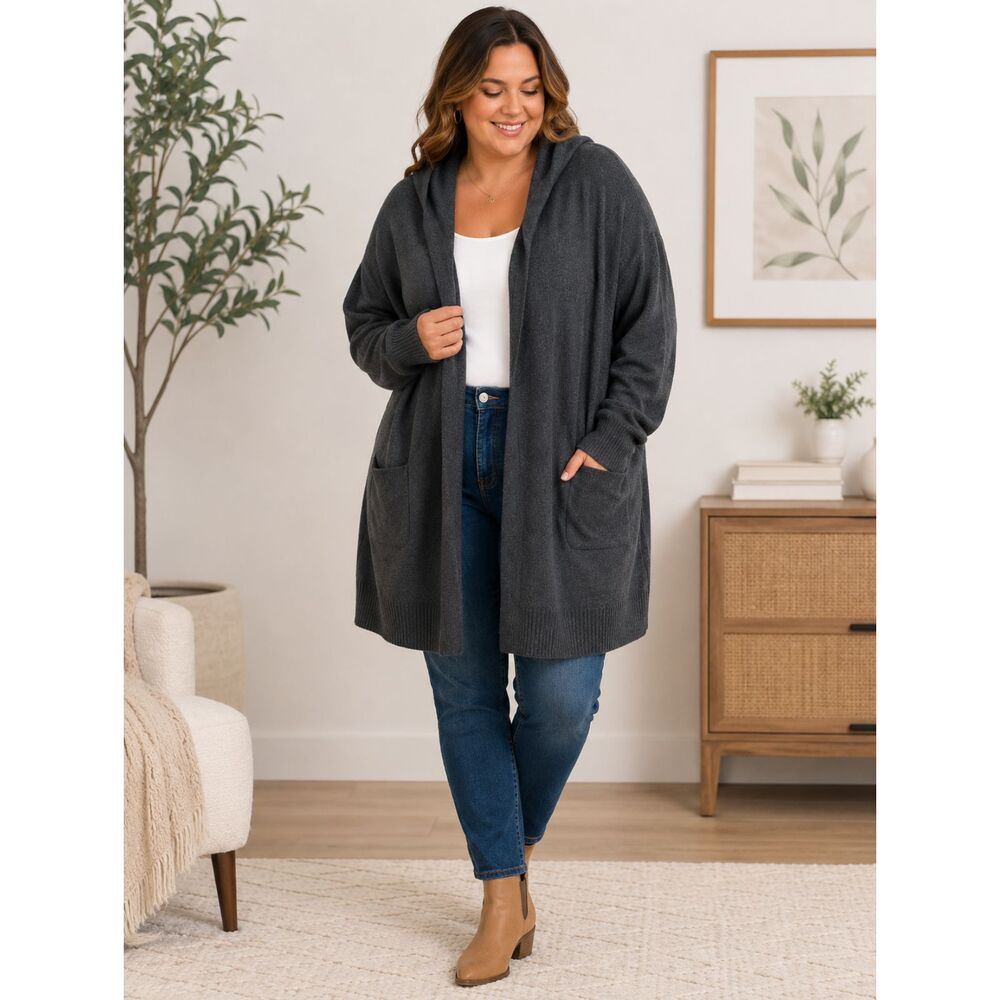 Jones & Co New York Womens Gray Hooded Long Open Cardigan Pockets Size XL 1395N3